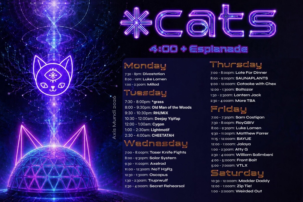 *cats 2026 schedule poster — full lineup, Burning Man 2026, 4:00 & Esplanade